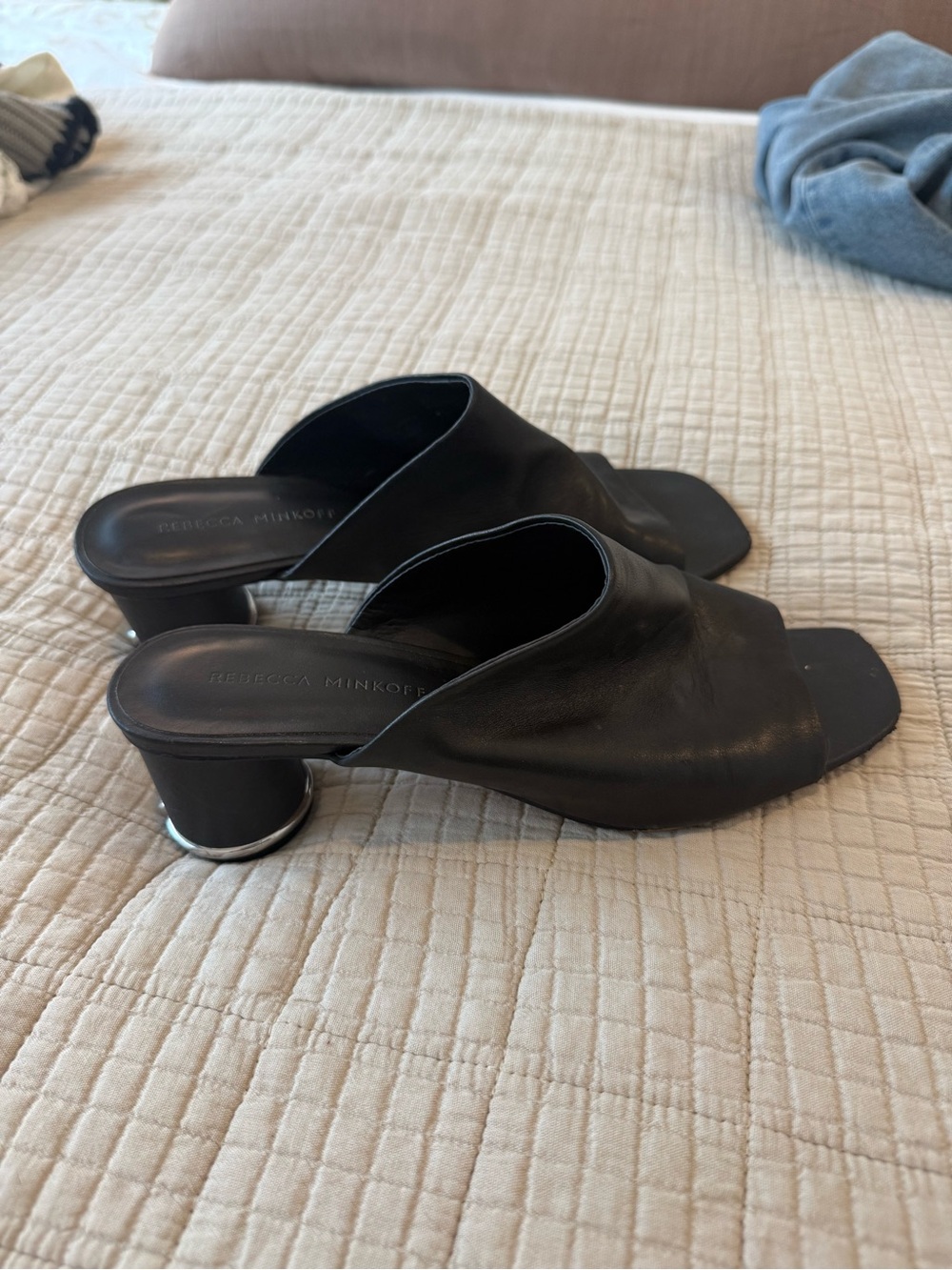 Rebecca Minkoff Black Leather Open-Toe Mule Heels